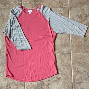 LuLaRoe Raspberry and Charcoal Striped Sleeve Top